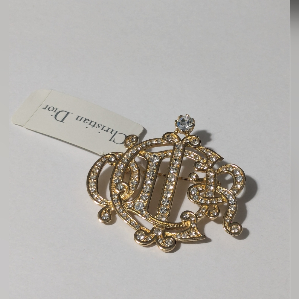 Dior Gold Crystal Emblem Brooch NOS Vintage